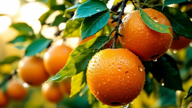 Orange trees with fruits, orange plantation. fresh oranges on the tree, Tangerine tree garden.