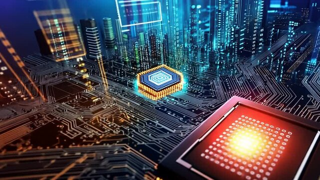 Digital Frontier: Intricate circuit board and computer chip in futuristic, detailed, and artistic. Illuminating the core of technology's cutting edge, in a colorful and modern presentation.