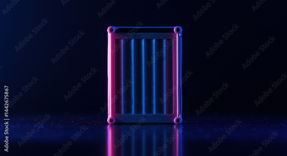 Poster neon lit rectangular structure on dark background