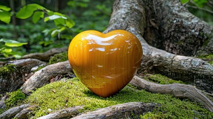Simple heart wood memorial laying on moss near tree roots in a natural woodland cemetery