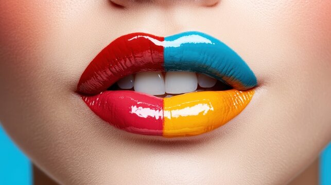 Artistic close-up of chic lips with a stylish split design in red and blue. This image exudes a sense of modernity and vibrancy in contemporary beauty.