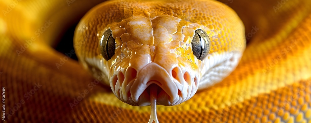Poster close up of a golden reticulated python staring intensely forward