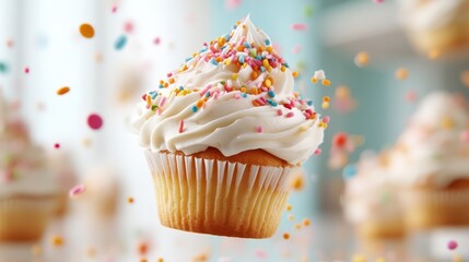 A whimsical representation of a floating cupcake adorned with colorful sprinkles, conveying a sense of magic, celebration, and sweet joy in an imaginative way.
