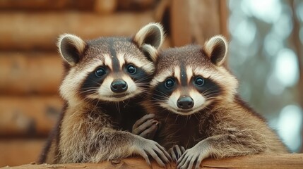Fototapeta premium Two raccoons embrace each other in a heartwarming display of companionship and affection, while showcasing their charismatic faces and playful nature.