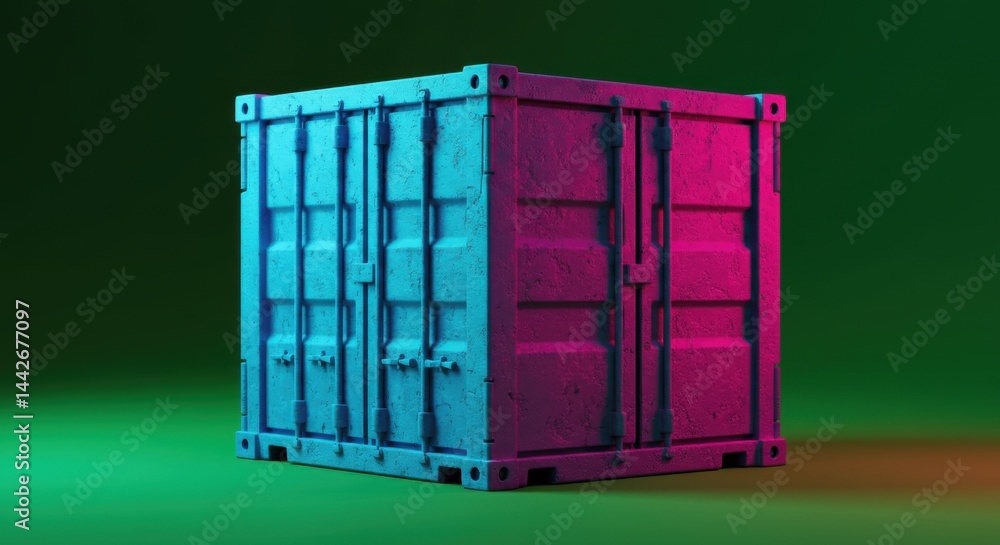 Poster shipping container with split color lighting for logistics and transportation concepts