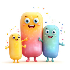 Three colorful cartoon characters embracing and smiling on white background