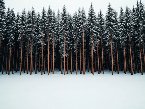 A dense forest with tall pine trees covered in snow, creating a peaceful winter wonderland effect