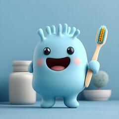 Smiling cartoon germ holding a toothbrush promoting oral hygiene