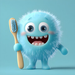 Happy cartoon monster holding a toothbrush promoting oral hygiene