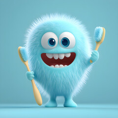 Happy cartoon monster holding two toothbrushes promoting oral hygiene