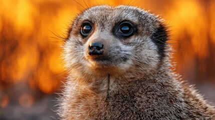 Fototapeta premium Double exposure meerkat with burning jungle for animal security concept. Close-up of a curious meerkat with a warm background.