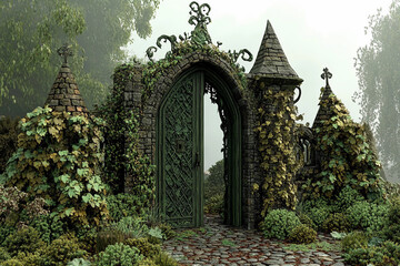 Fototapeta premium Mysterious open door in a dreamlike garden surrounded by ancient walls and lush greenery