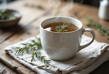 Cozy White Mug of Steaming Hot Herbal Tea with Fresh Rosemary Sprig on a Rustic Wooden Surface - A Warm and Inviting Beverage