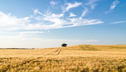 Golden wheat fields under blue skies rural landscape nature photography serene environment wide-angle view agricultural beauty
