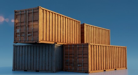 Shipping containers stacked against clear blue sky