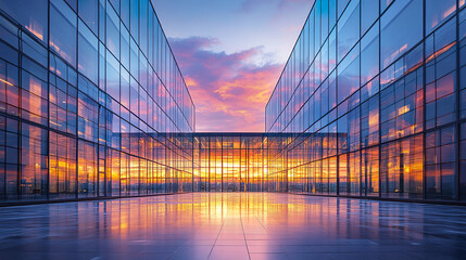 stunning contemporary business campus with glass facades reflecting vibrant sunset