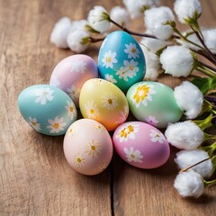 Fototapeta premium A vibrant assortment of pastel Easter eggs nestled among delicate white blossoms and soft cotton on a wooden surface, creating a festive and elegant spring ambiance.