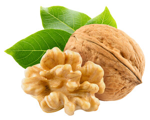 Walnut isolated png. Unpeeled walnut with a half on transparent background. Perfect retouched walnuts with kernel and leaf no background. Nuts with leaves composition. Full depth of field.