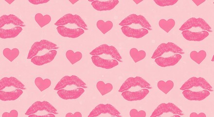 Repeating pattern of lip prints and hearts in pink tones