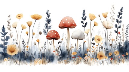 Watercolor mushrooms and flower field illustration