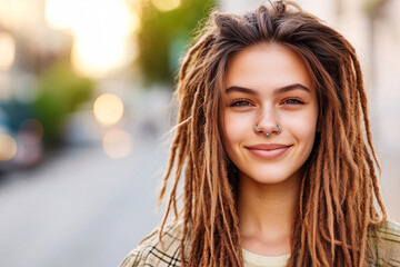 Obraz premium Happy carefree young woman with african braids enjoy her life on the beach, summer vacation time