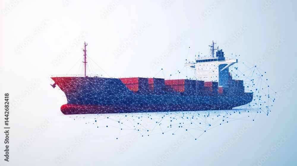 Poster digitally rendered cargo ship navigating the global shipping network efficiently