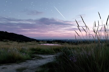 Fototapeta premium A breathtaking view of nature embraced by a starry sky, inviting contemplation and awe at the sublime connection between earth and the cosmos at dusk.