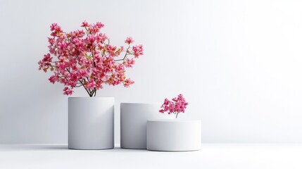 Fototapeta premium Minimalist floral arrangement on white podiums