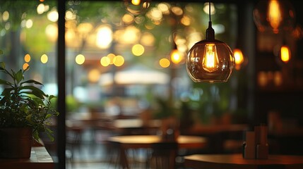 Warm, inviting cafe interior with blurry outdoor view.
