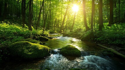 Obraz premium Serene forest stream sunlight green lush nature peaceful tranquil calm river water mossy rocks sunlight