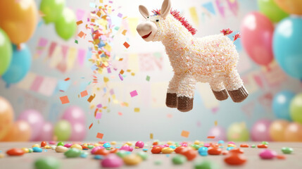 Naklejka premium Festive colorful pinata unicorn with balloons and confetti background