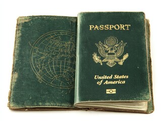 Worn Green US Passport Open Showing World Map and Eagle Symbol Travel Document Imagery