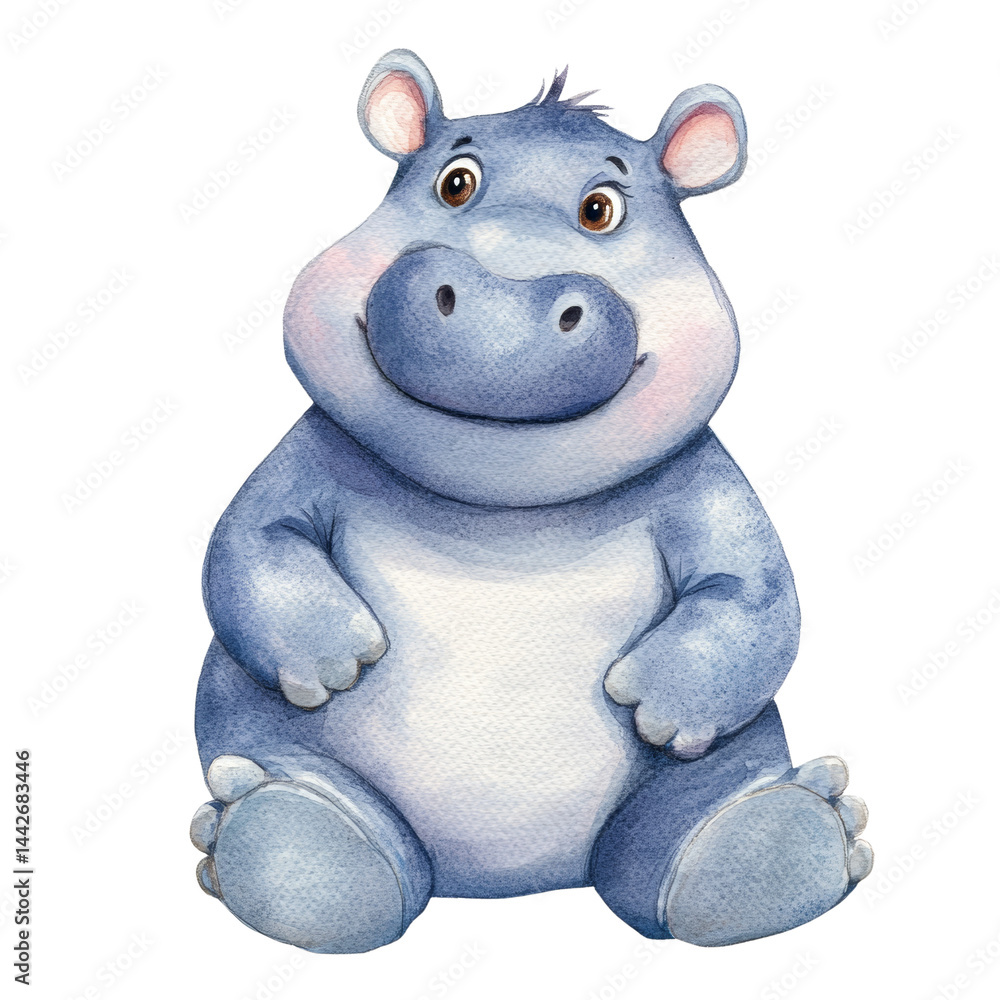 Poster whimsical hippo illustration with soft watercolor textures on a transparent setting
