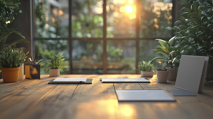 serene workspace with plants and natural light creating calming atmosphere