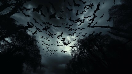 Obraz premium Halloween & Spooky: Bats in silhouette swarm, hundreds of bats flying outward in perfect radial symmetry, eerie night sky, backlit by an unseen moo