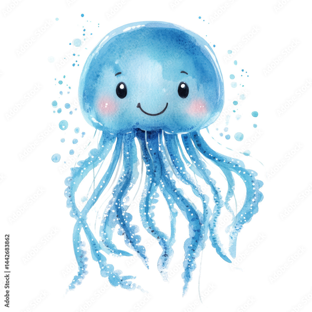 Aufkleber delightful azure jellyfish illustration with a cheerful expression on a clean backdrop