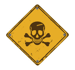 Danger of death warning sign with skull on yellow background - vector