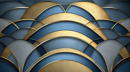 Geometric, layered, gold, blue, and gray design