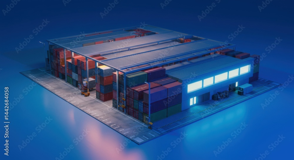 Poster stylized architectural rendering of modern building with dynamic lighting