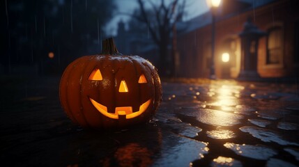 Fototapeta premium Halloween & Spooky: Candle-lit Jack-o’Lantern on wet pavement, freshly carved pumpkin glowing from within, rain droplets beading on its surface