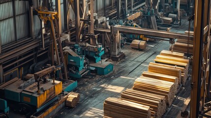 Fototapeta premium Lumber awaits processing in factory interior