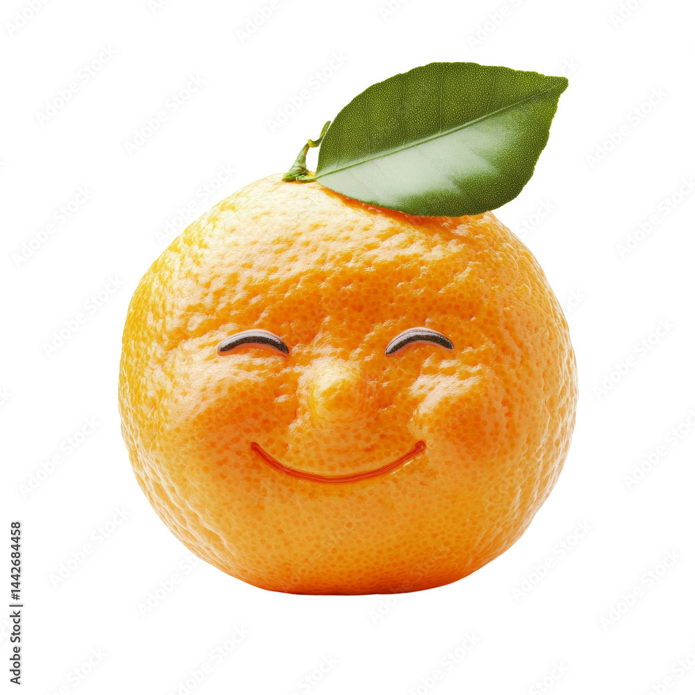 Poster smiling citrus delight, a whimsical orange character on a transparent field, evoking joy and summery