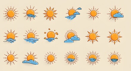 Obraz premium Sun Icon Set Summer Heat Waves Sea Sunshine