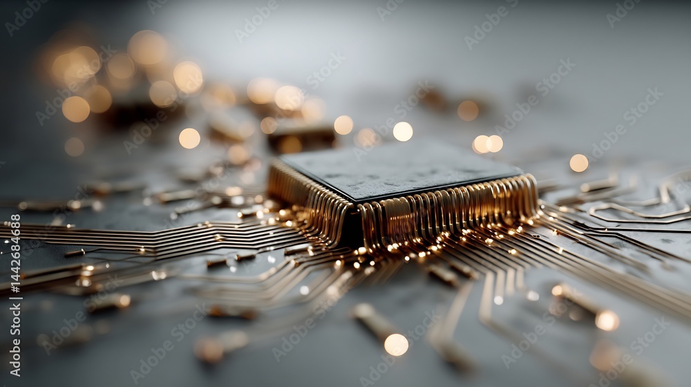 Poster advanced microchip and circuitry design embodying futuristic technology integration