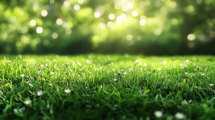 Green grass field with bokeh effect and blurred trees in the background.