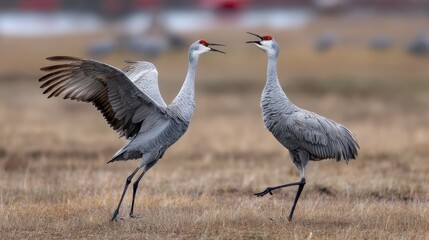 Sandhill Crane Display: Mating Ritual in Open Field