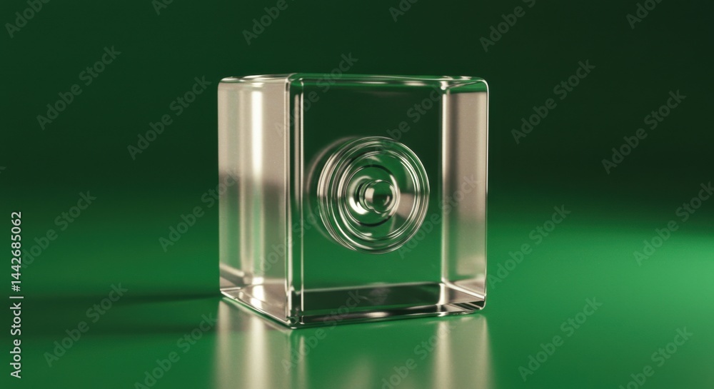 Poster transparent glass cube with embedded circular design against green background
