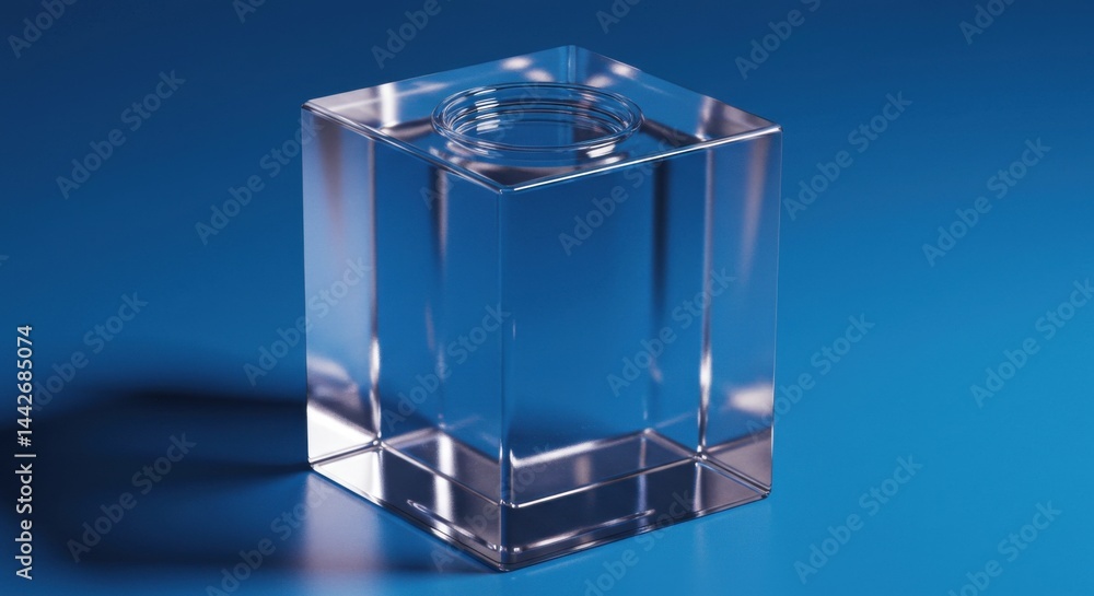 Poster transparent cubic object on gradient blue background