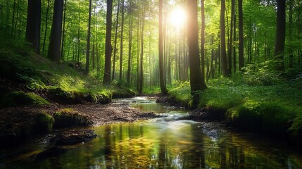 Serene forest stream sunlight green trees nature landscape peaceful eco day path calm lush moss bank