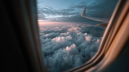 Fototapeta premium Airplane Window View Breathtaking Sunset Cloudscape Over the World